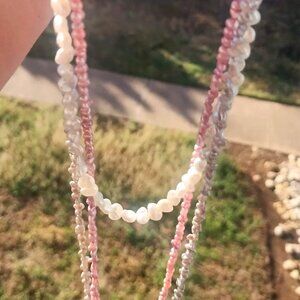 Vintage Multi 3 Strand Freshwater Rice PEARL Necklace 14k PINK GRAY & WHITE